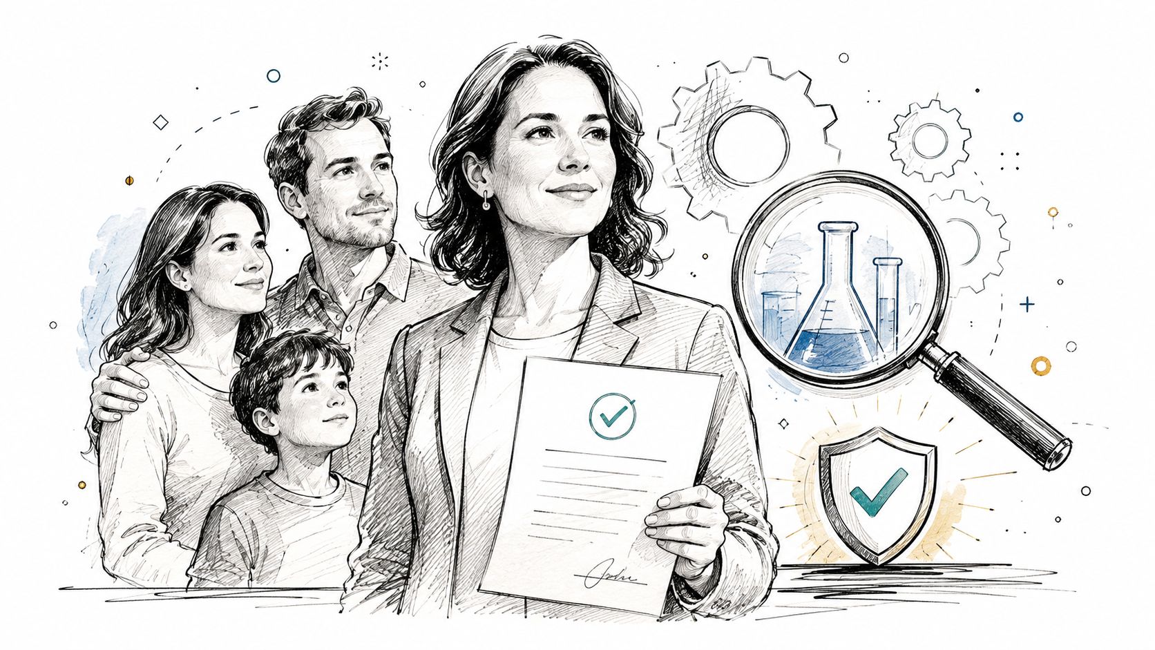 A professional woman holding a certified document with a family nearby, illustrating rigorous laboratory testing standards and safety.