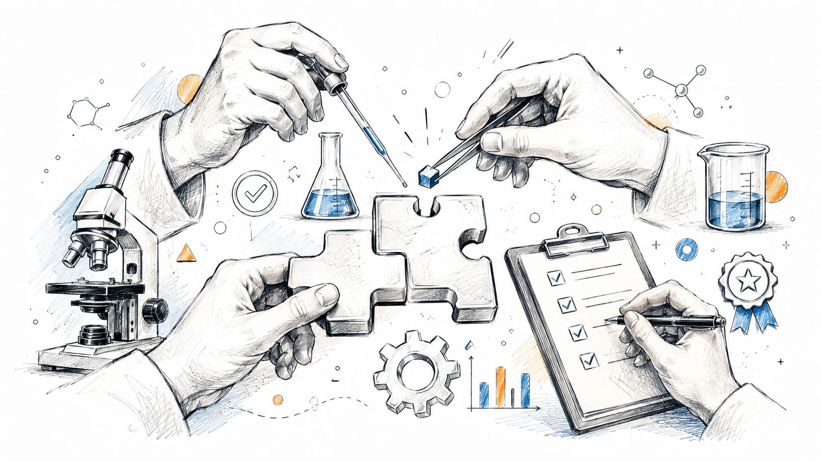 A sketched illustration of laboratory research showing hands using tools, microscope, puzzle pieces, and a checklist.