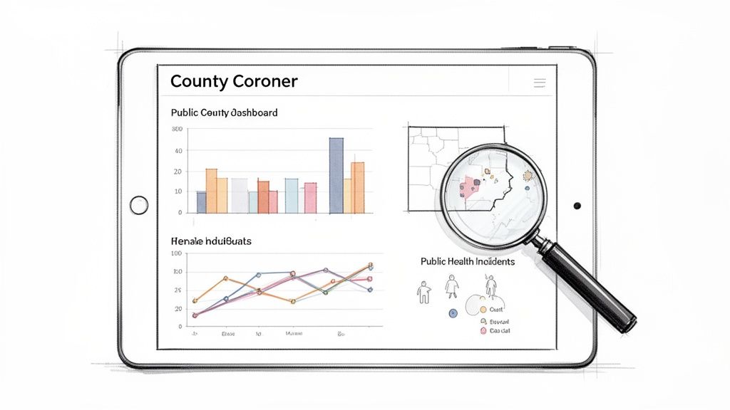 Tablet displaying a county coroner public health dashboard with various charts, a map, and a magnifying glass.