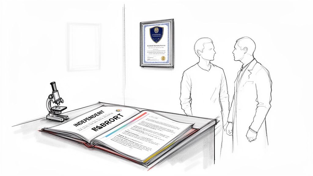 Sketch of two men discussing in a research environment with a microscope and open document.