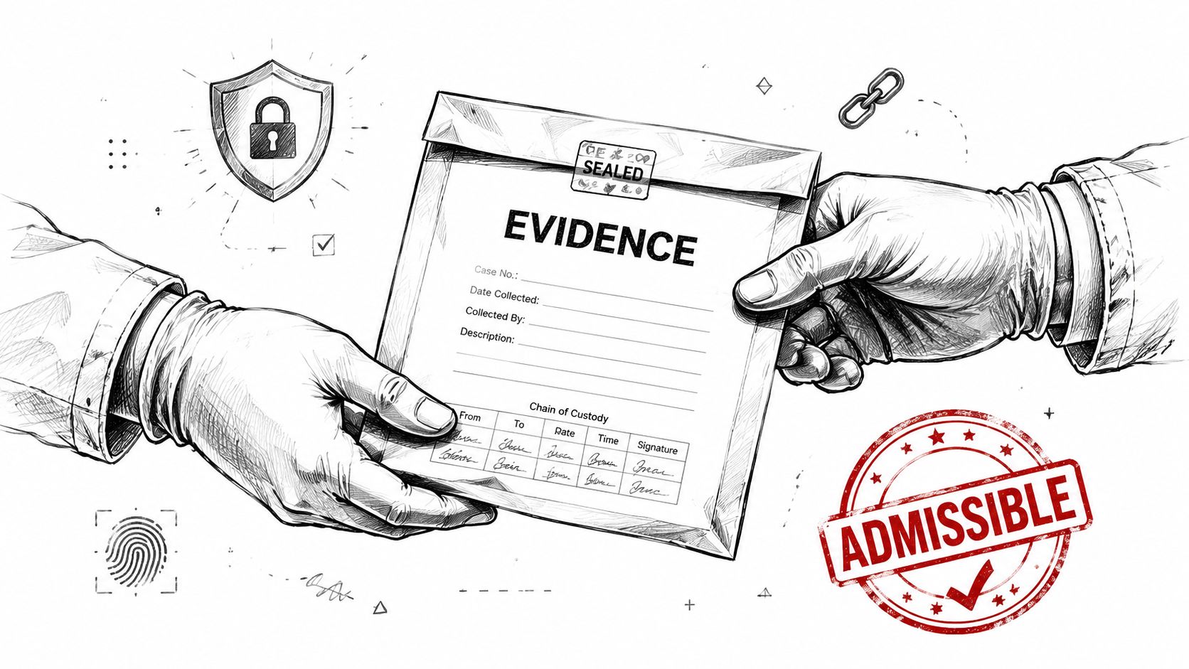 A gloved person handing a sealed evidence bag to another person, symbolizing forensic litigation support services.