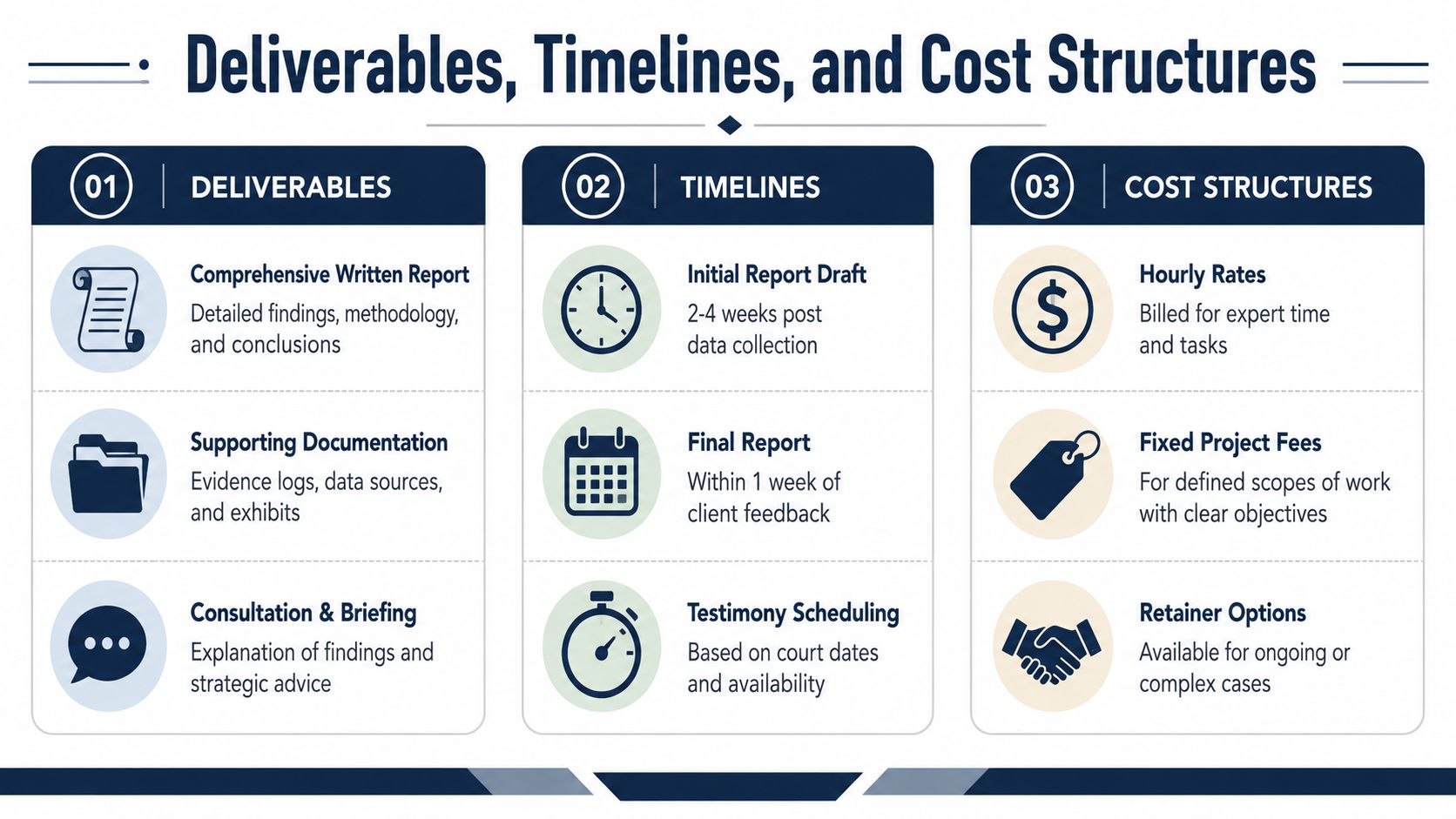 A professional infographic outlining litigation support service deliverables, project timelines, and various cost structures for clients.