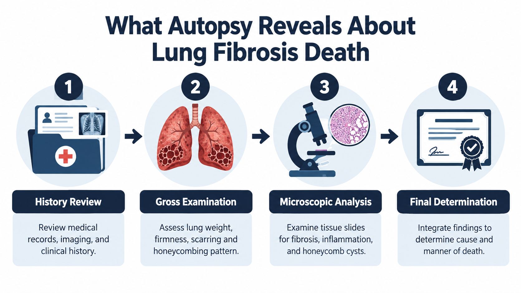 A four-step infographic illustrating the medical autopsy process for determining a death caused by lung fibrosis.