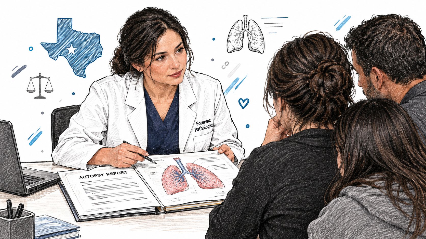 A forensic pathologist discusses an autopsy report of a lung condition with a grieving family.