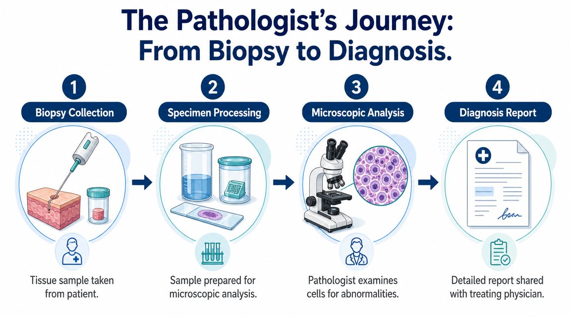 A four-step infographic illustrating the medical pathologist process from biopsy collection to the final diagnostic report.