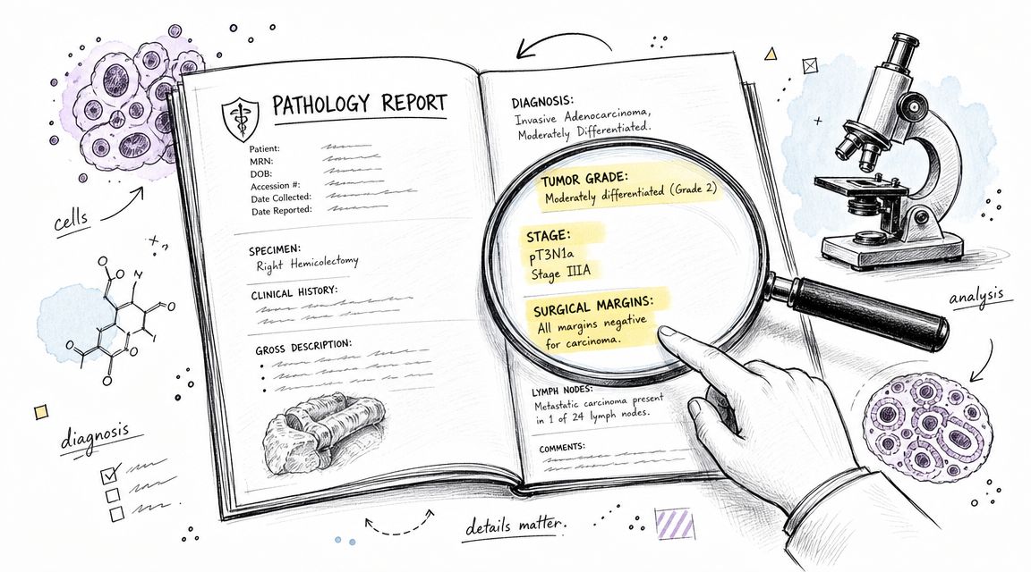 A magnifying glass inspecting a pathology report detailing cancer diagnosis, tumor grade, and stage information.