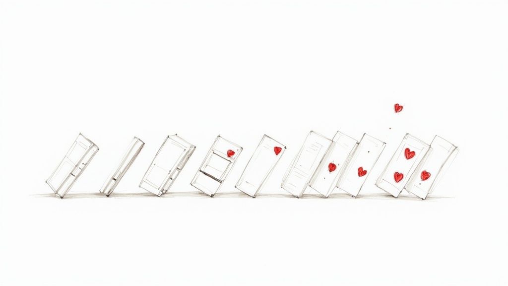A line of white cards resembling dominoes falling, with red hearts appearing on some cards and one floating above.
