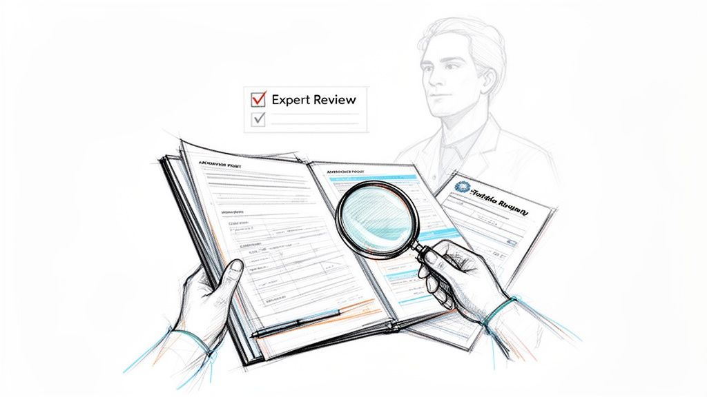Hands using a magnifying glass to scrutinize medical documents, with 'Expert Review' checked.