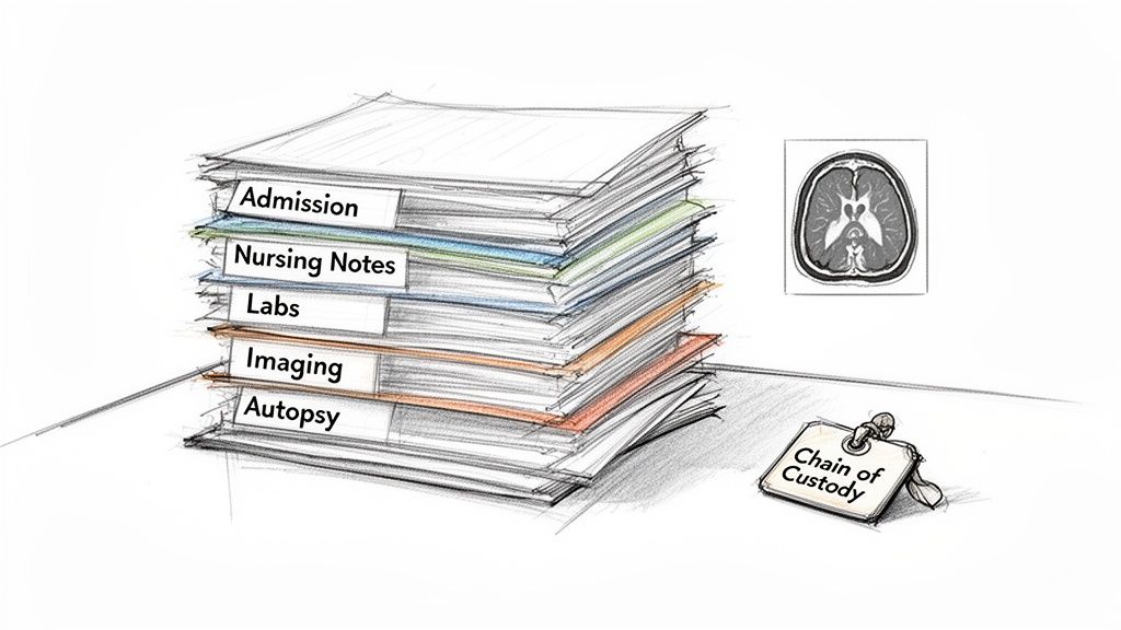 Stack of medical records (admission, nursing, labs, imaging, autopsy) with brain scan and chain of custody tag.