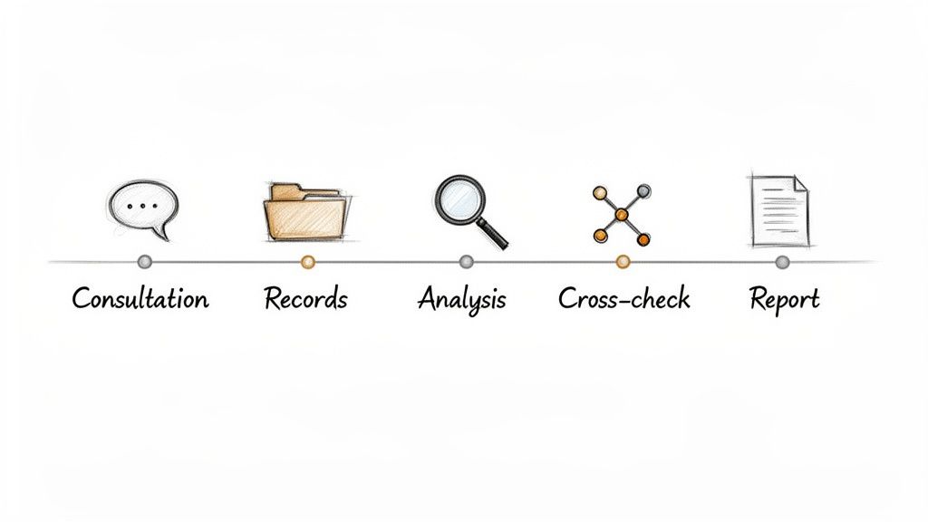 A graphic displaying a five-step workflow: Consultation, Records, Analysis, Cross-check, Report, with icons.
