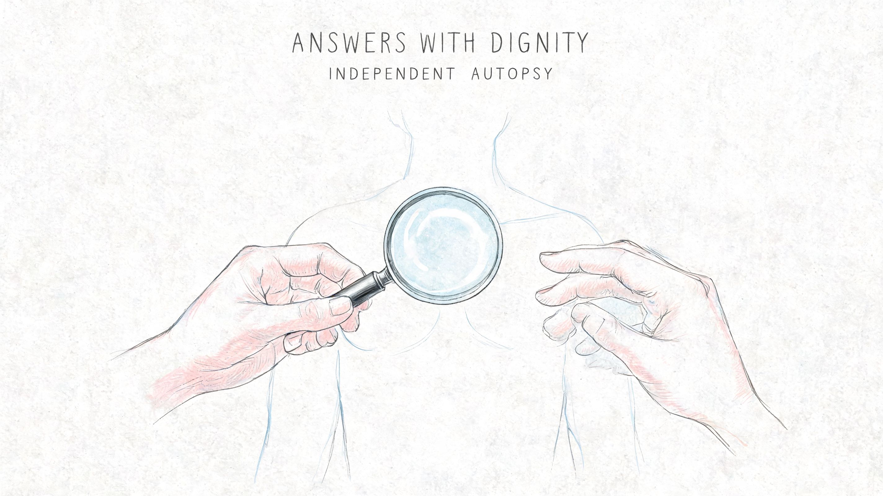 A pencil sketch of two hands examining a faint outline of a human body with a magnifying glass.