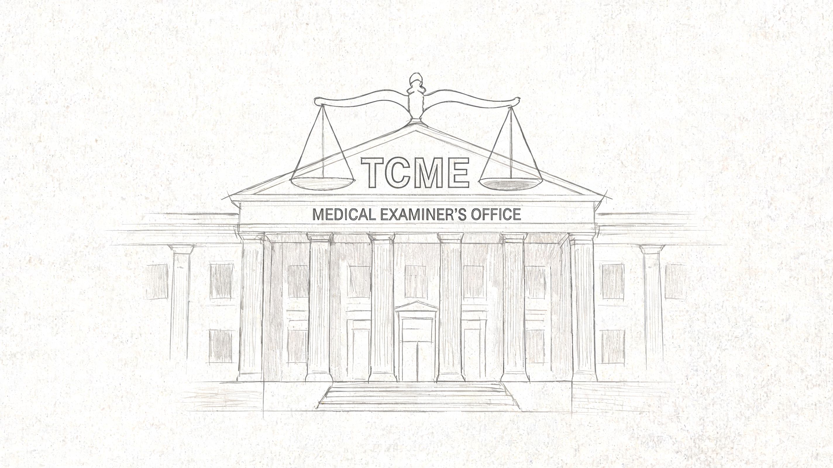 A pencil sketch illustration of the Travis County Medical Examiner's Office building with a scale of justice.