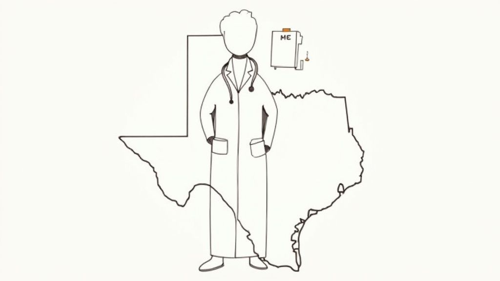 Outline of Texas with a doctor wearing a lab coat and stethoscope, next to an 'ME' sign.