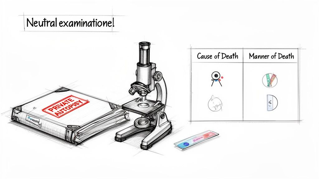 Sketch of a microscope, documents labeled 'PRIVATE AUTOPSY,' and a diagram categorizing cause and manner of death.