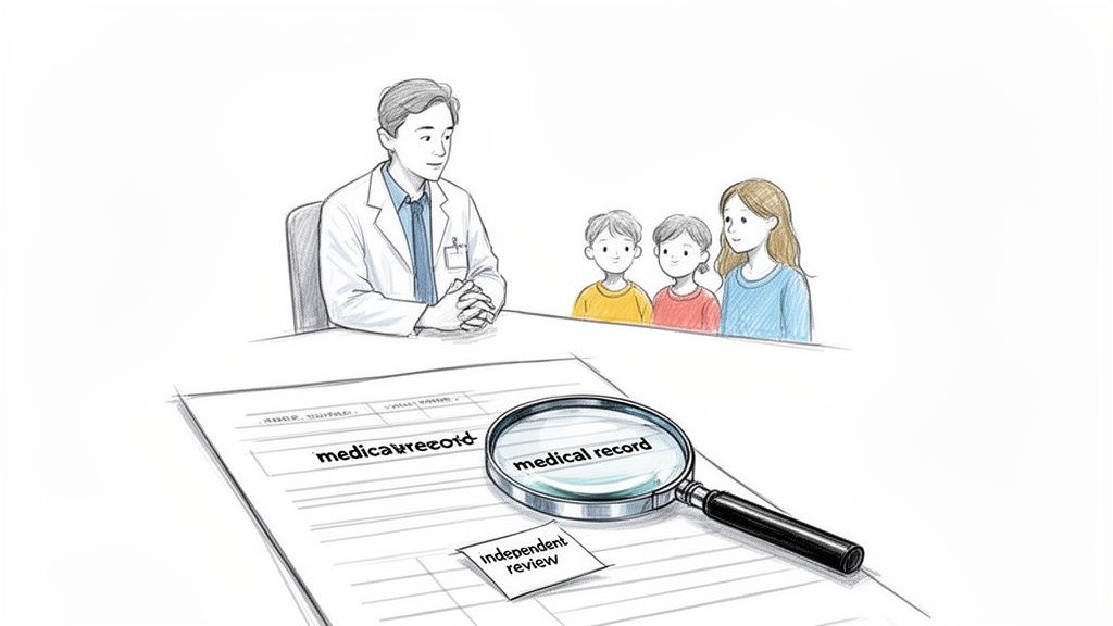 A doctor consults a family about a medical record and an independent review, highlighted by a magnifying glass.