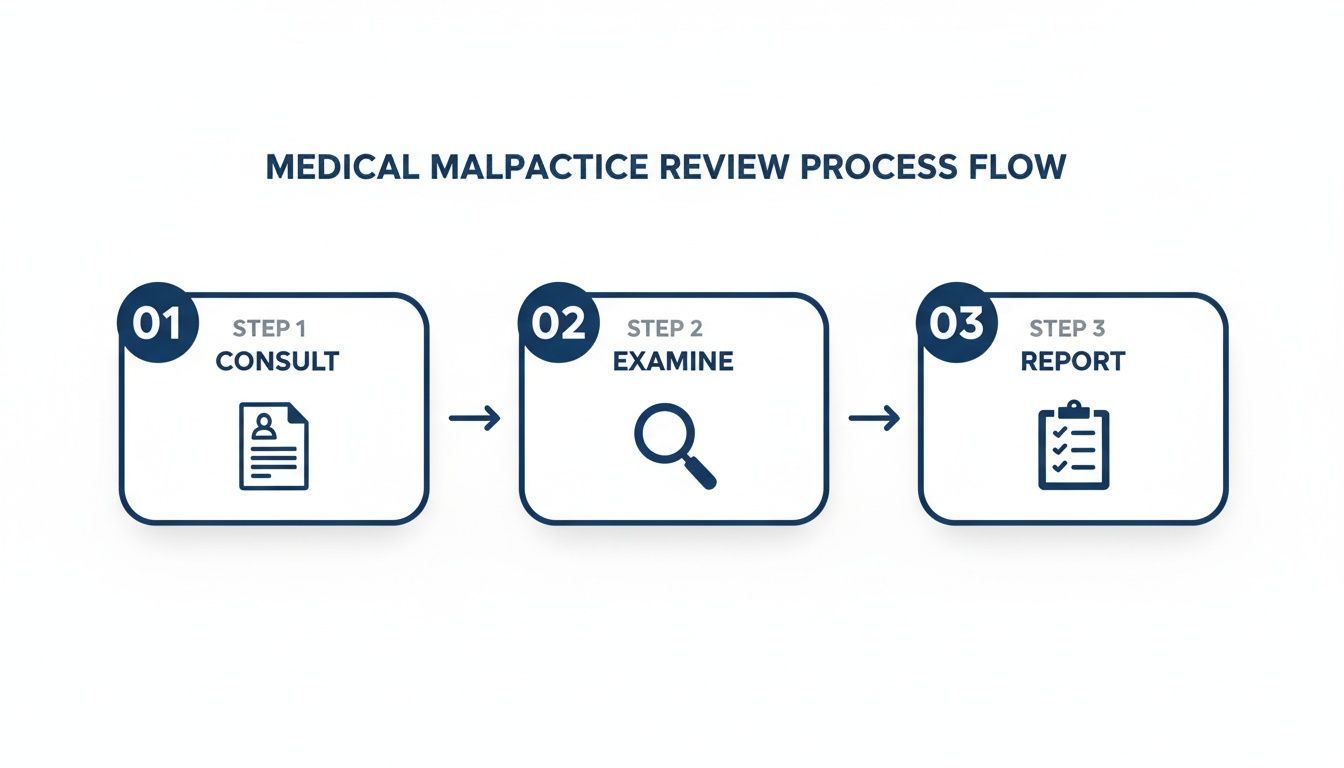 A clear process flow diagram outlining the three steps of the medical malpractice review process: consult, examine, and report.