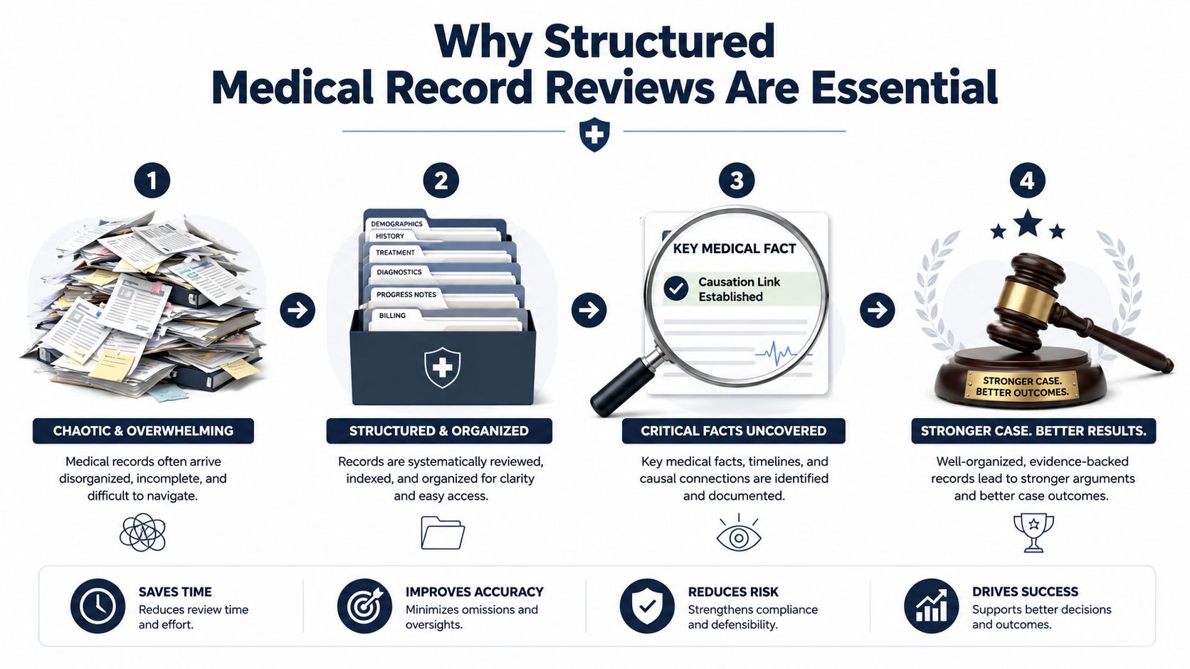 A flow chart illustrating how structured medical record reviews help legal professionals achieve better case outcomes.