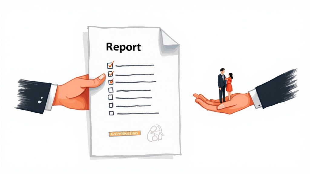 A report document is shown on a desk alongside a stethoscope and a pen, symbolizing the final medical analysis.