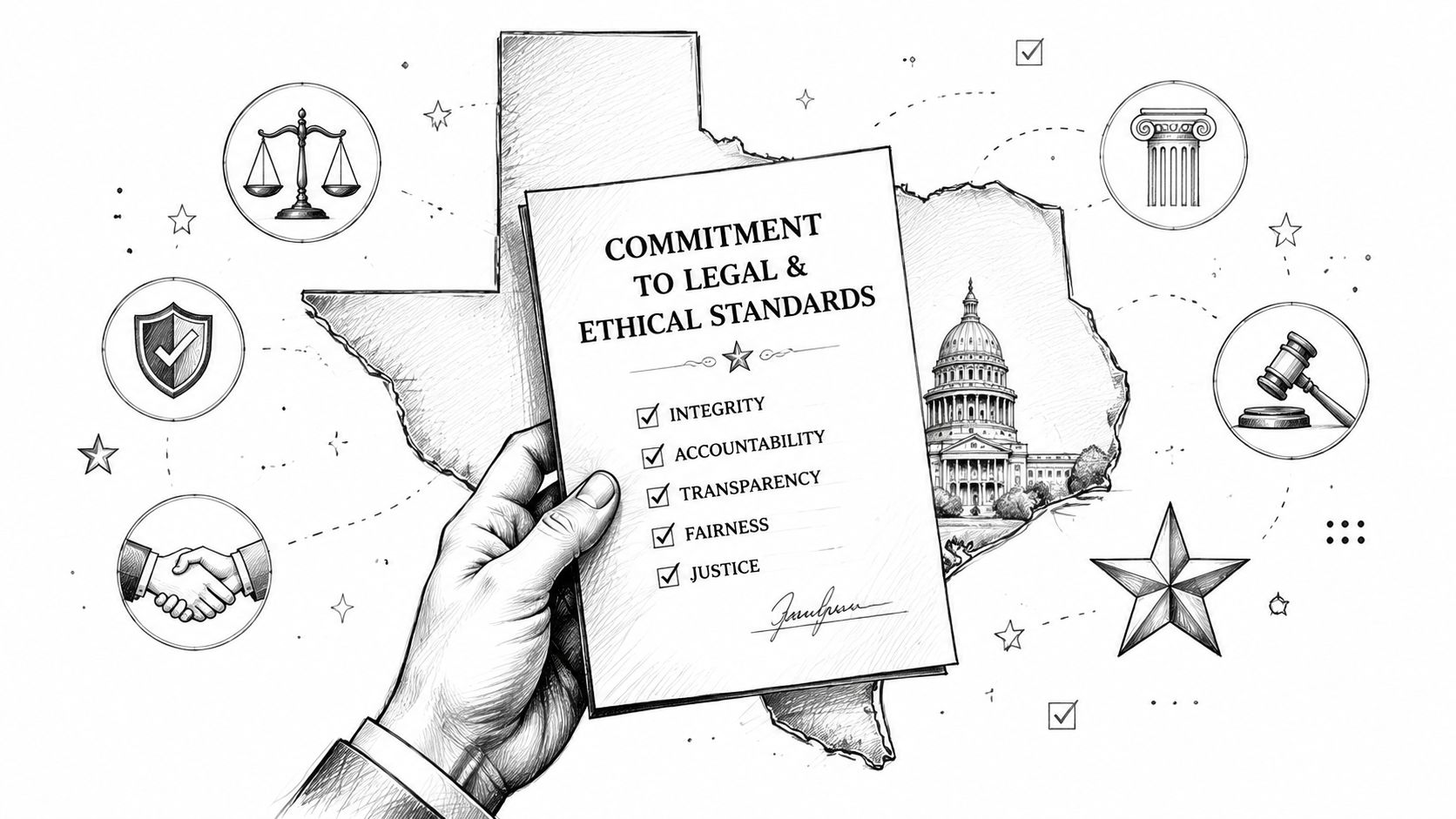 A hand holds a document about legal and ethical standards in front of an outline of Texas.