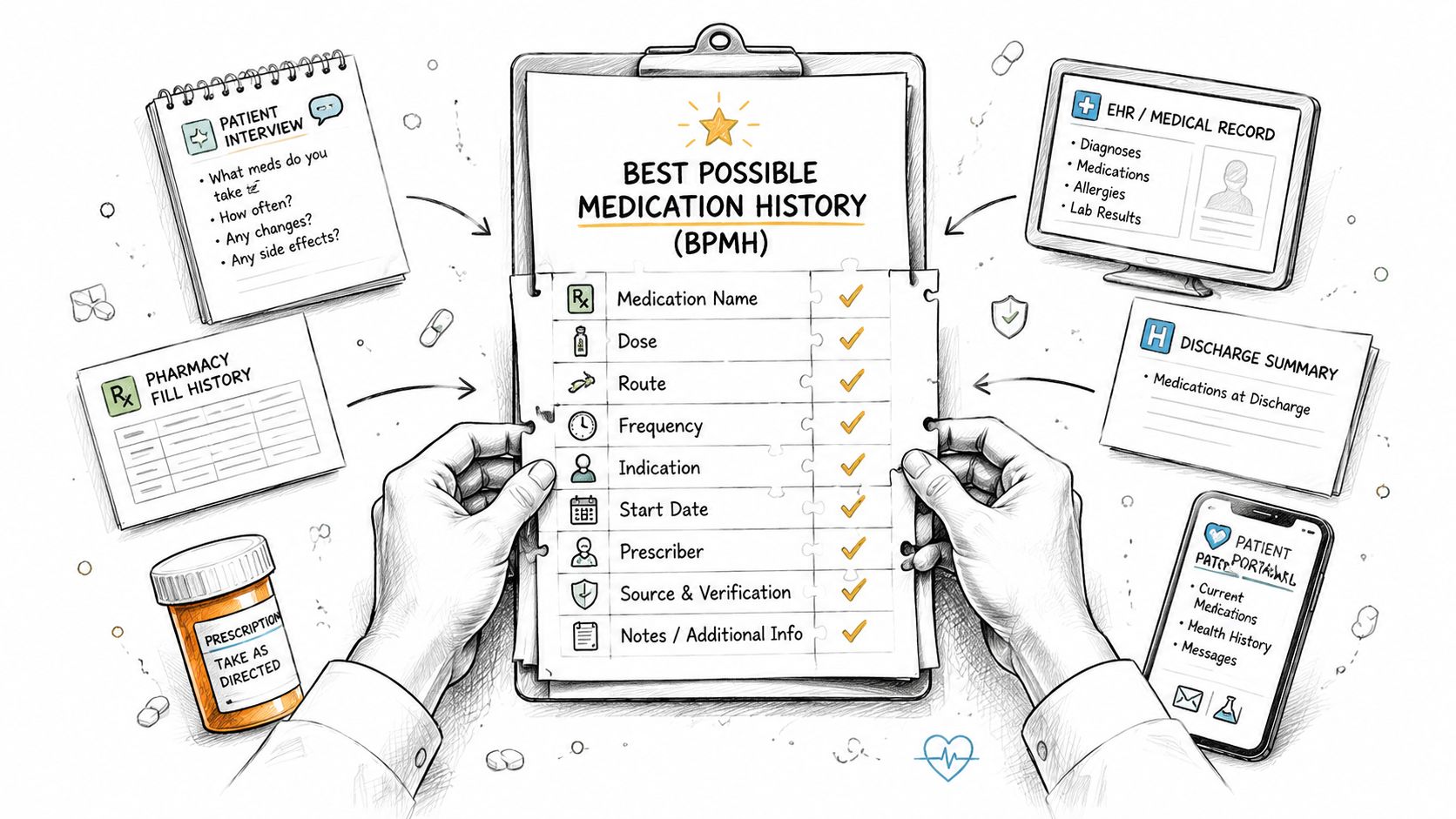 A hand-drawn illustration showing the creation of a Best Possible Medication History from various patient data sources.