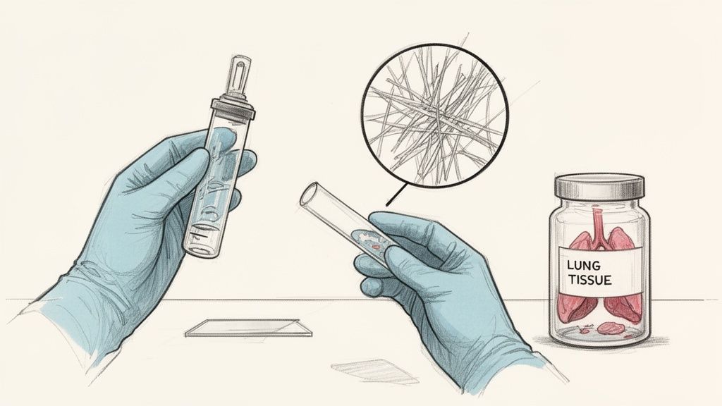 Gloved hands in a lab examine test tubes, magnified fibers, and a jar of lung tissue.