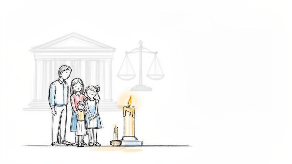 A family stands before a courthouse and scales of justice, with lit candles symbolizing remembrance.