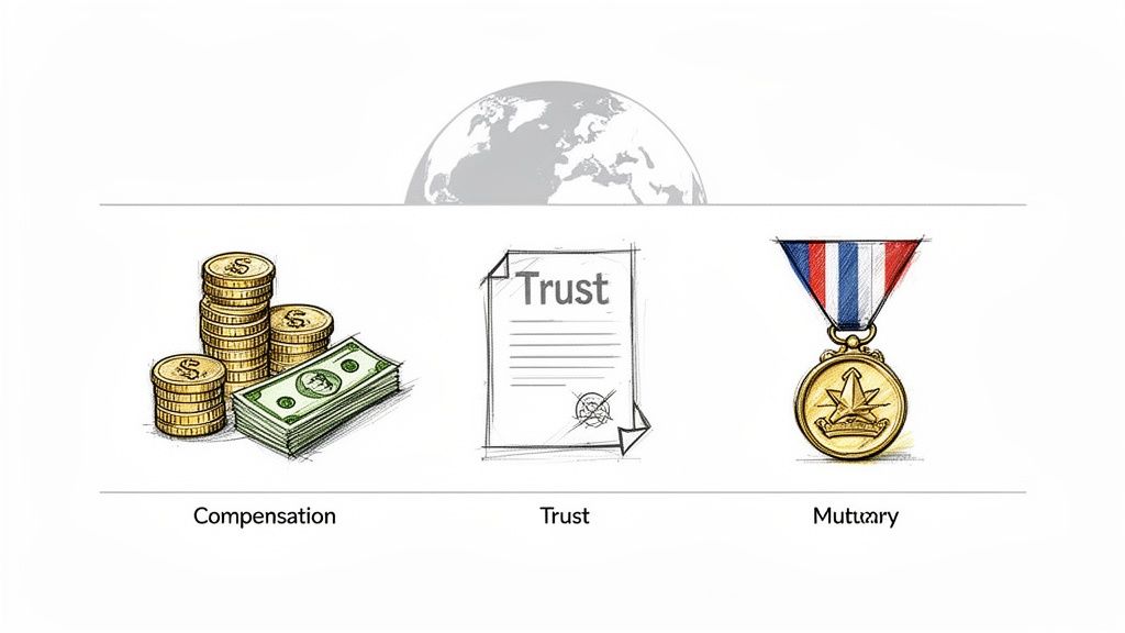 Illustration showing globe over money for compensation, a trust document, and a merit medal.