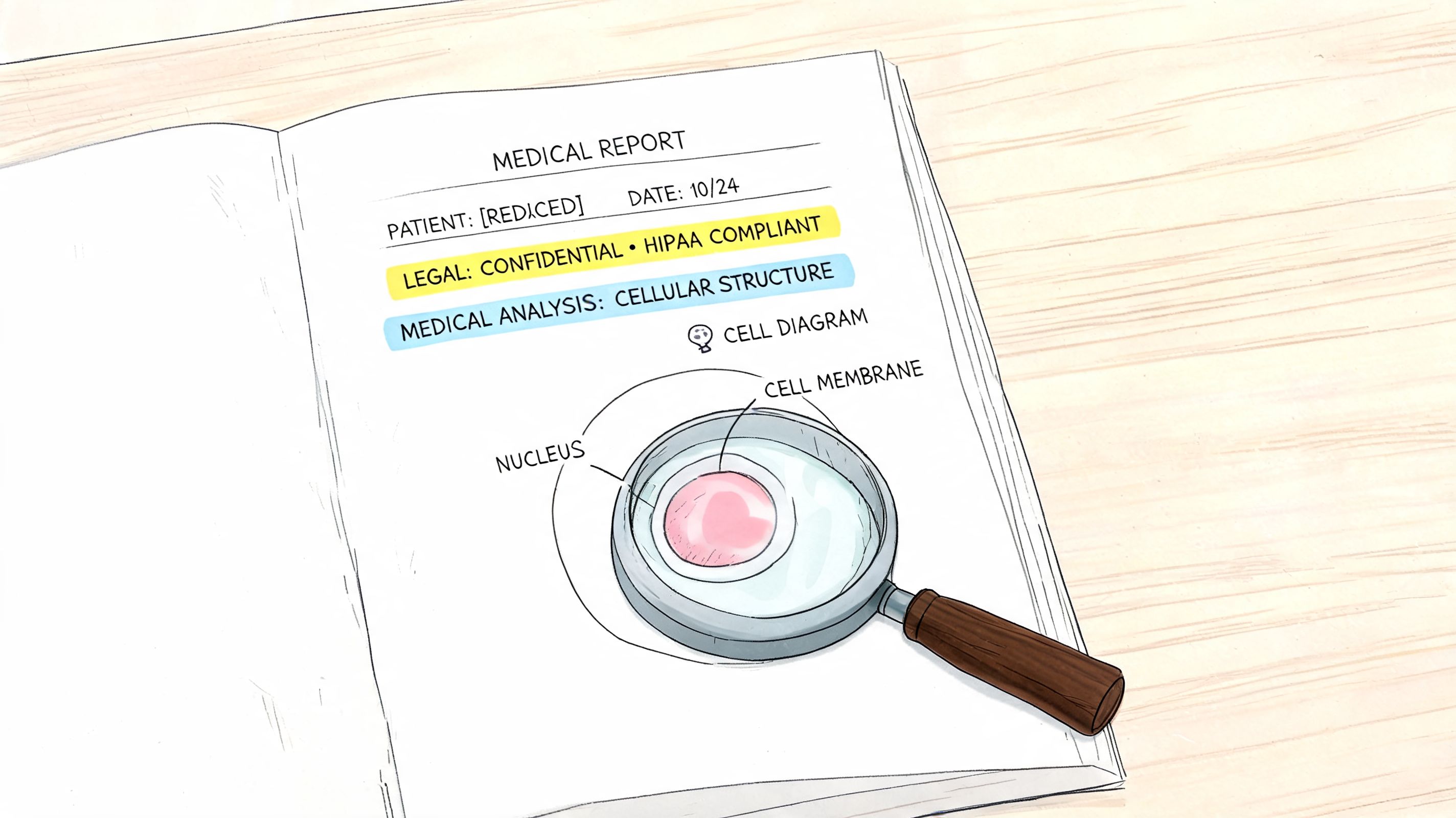 A medical report document showing a cellular structure diagram viewed under a magnifying glass.