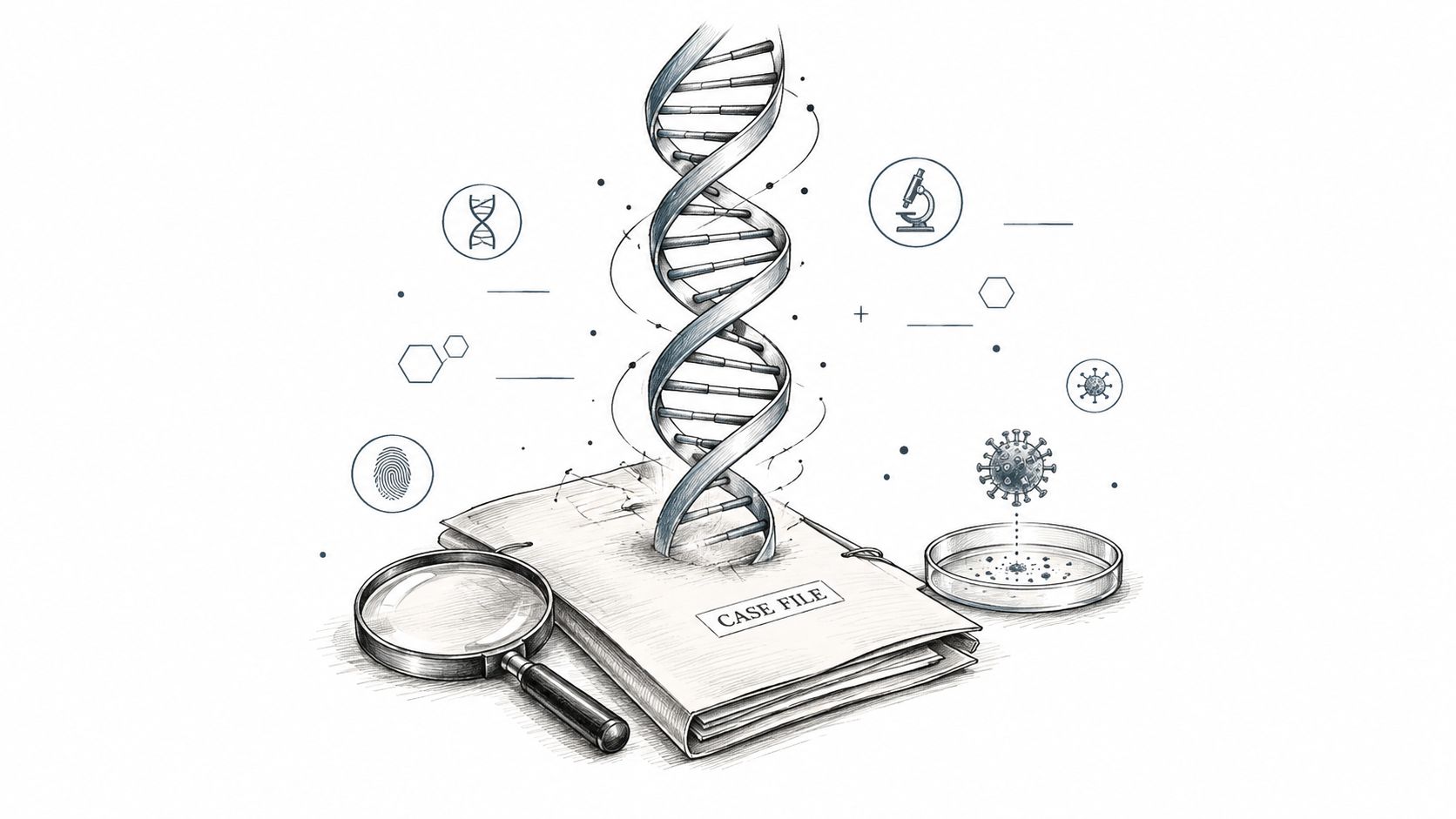 A conceptual sketch showing a DNA strand emerging from a case file with a magnifying glass and virus.