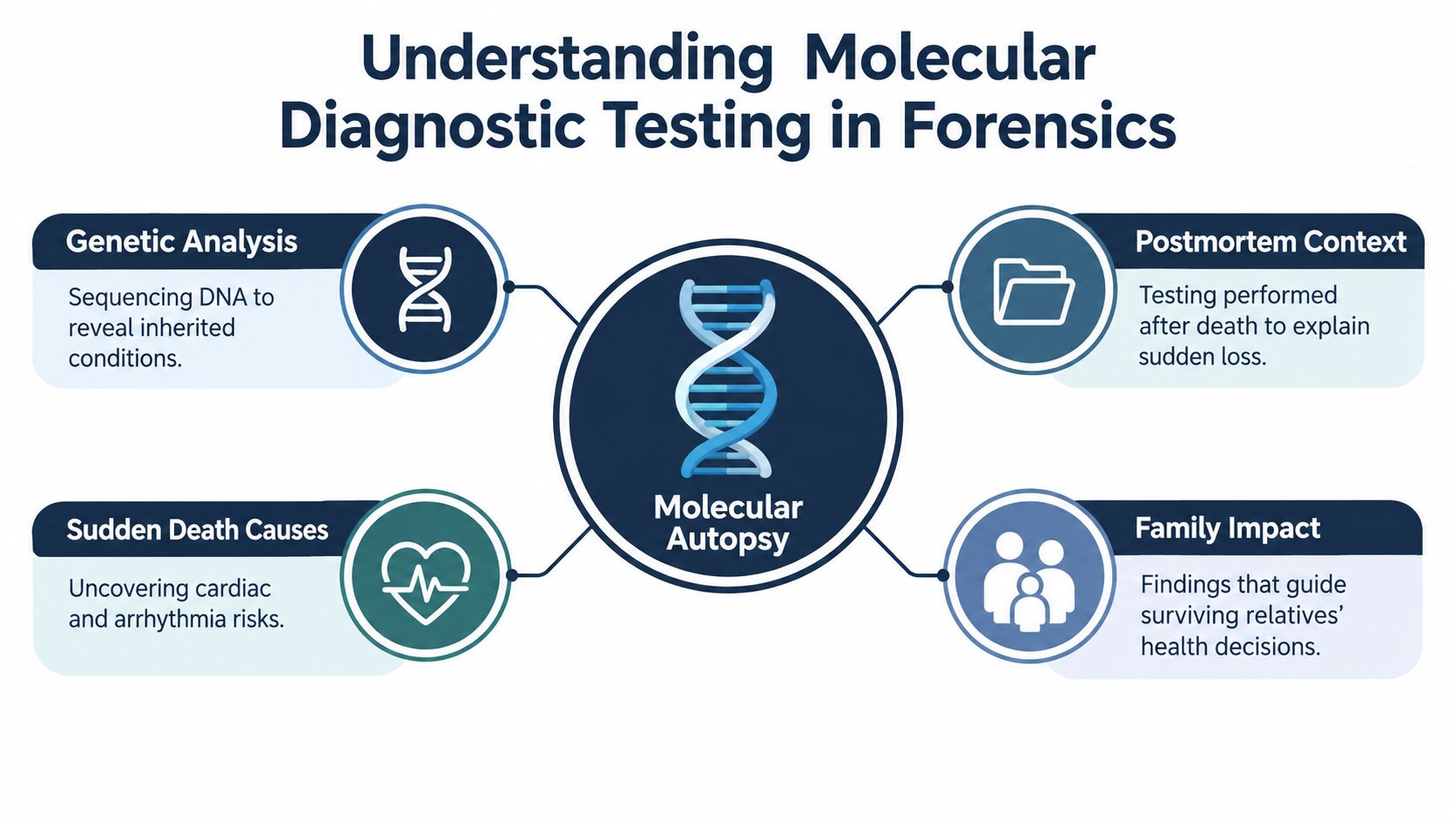 An infographic titled Understanding Molecular Diagnostic Testing in Forensics, illustrating key concepts of molecular autopsy and genetic analysis.