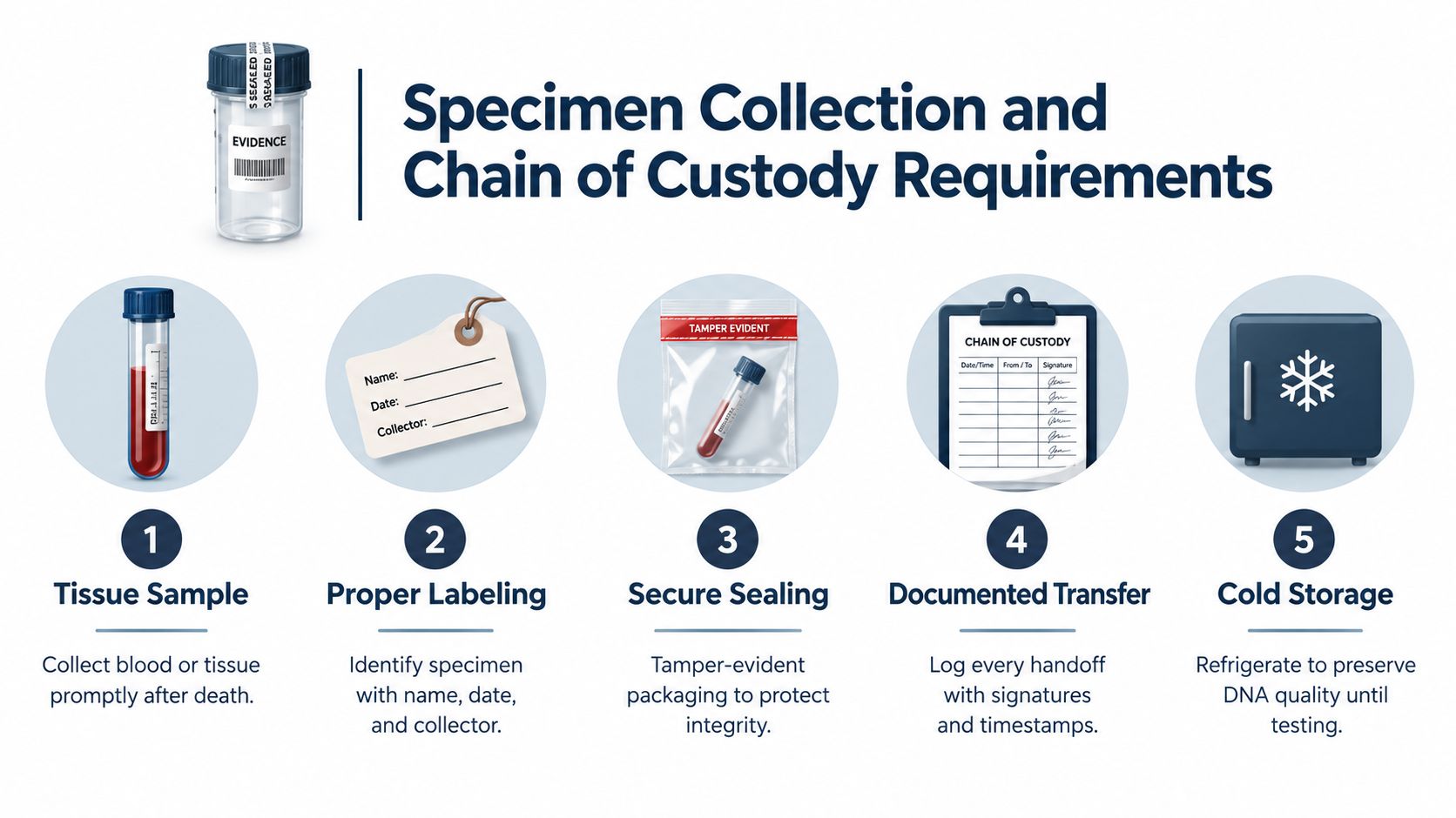 A diagram outlining five essential steps for specimen collection and maintaining chain of custody in forensic analysis.