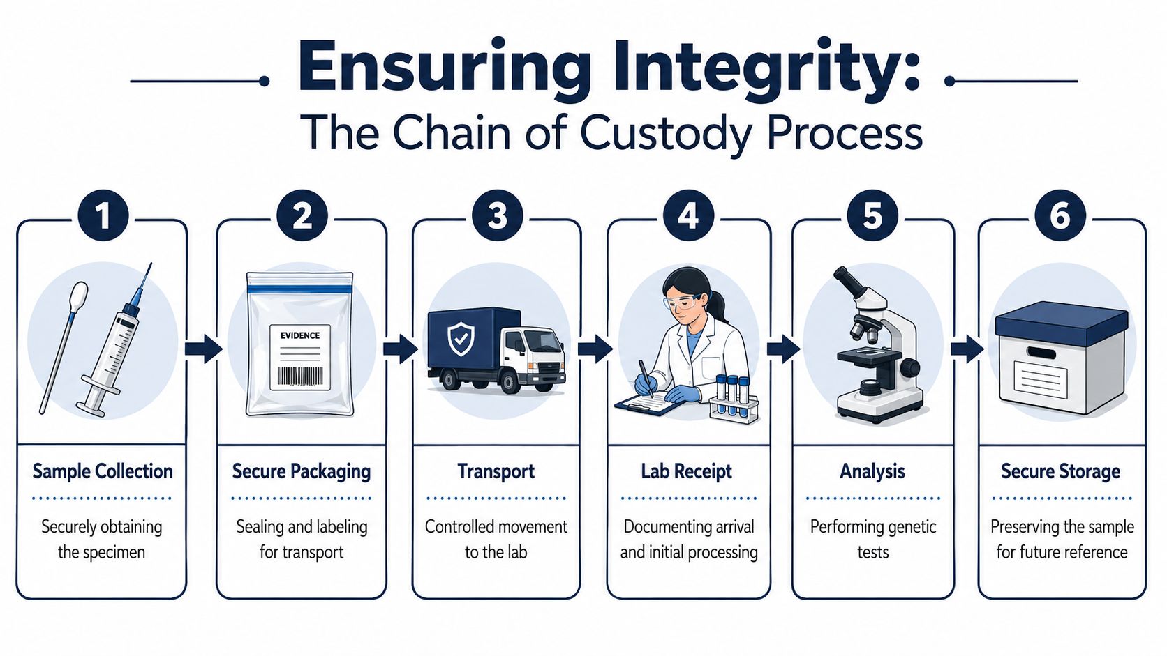 A six-step infographic showing the chain of custody process for handling and analyzing biological specimens.