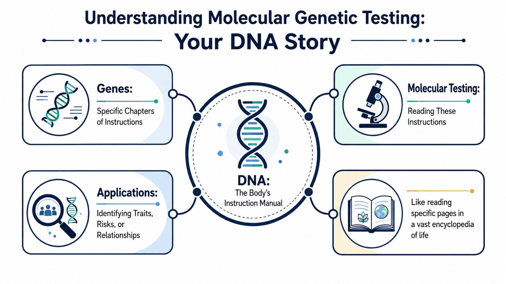 An infographic titled Understanding Molecular Genetic Testing illustrating DNA as the body's instruction manual and testing process.