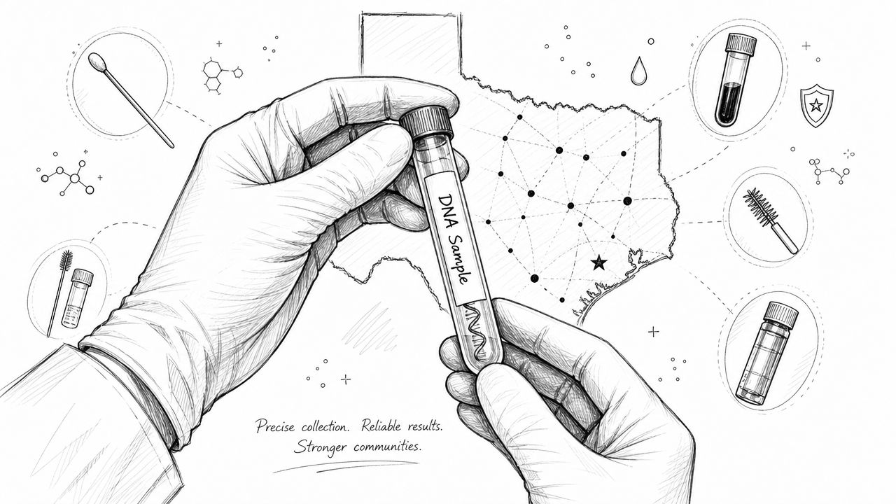 A hand in a medical glove holding a test tube labeled DNA Sample in front of Texas map.