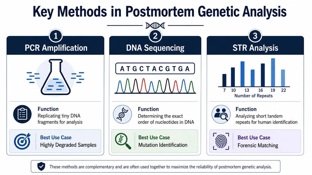 An infographic illustrating three key methods for postmortem genetic analysis: PCR amplification, DNA sequencing, and STR analysis.