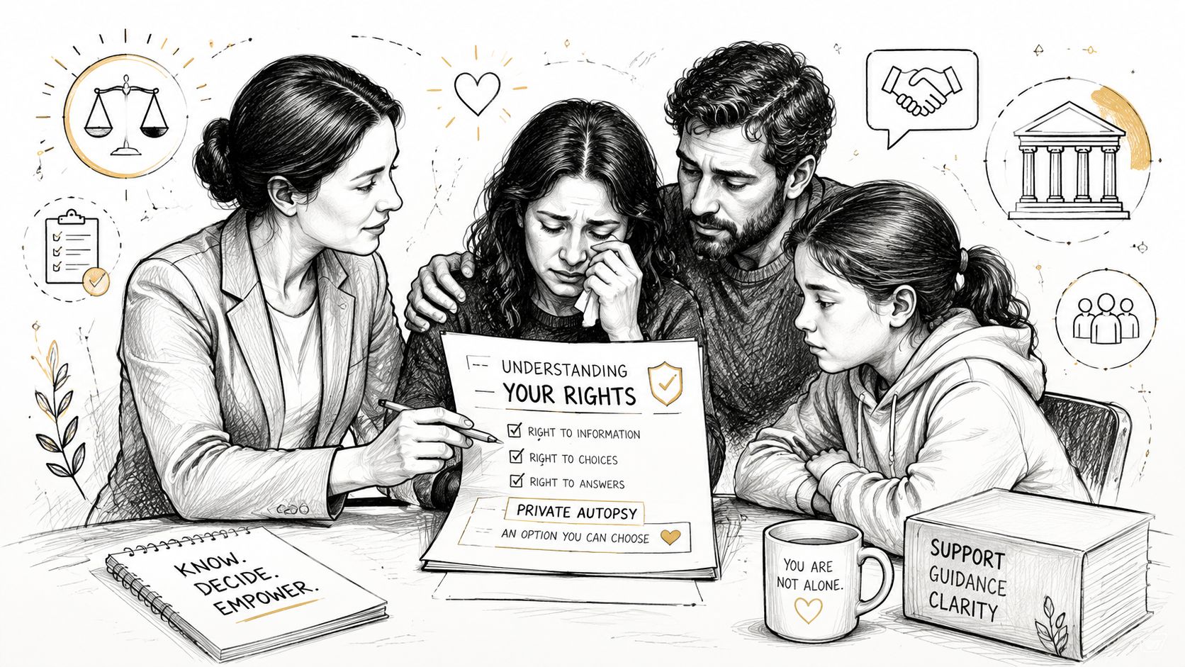A professional explaining rights about private autopsies to a grieving family, emphasizing empowerment and support.