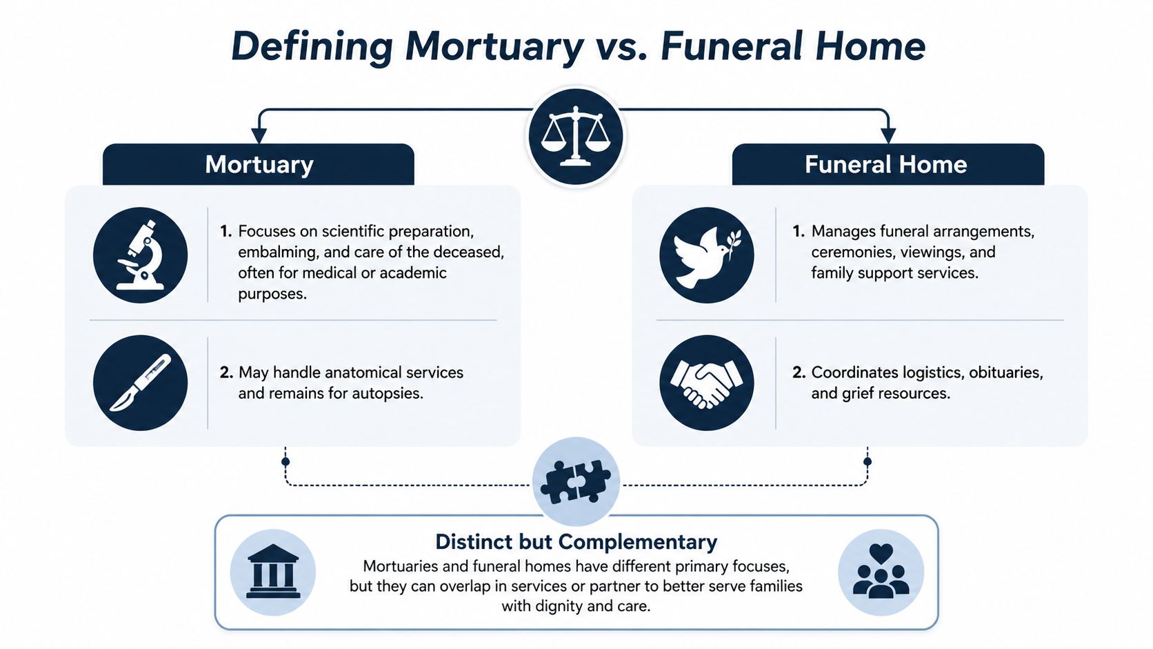 An infographic comparing the distinct yet complementary roles and services provided by mortuaries and funeral homes.
