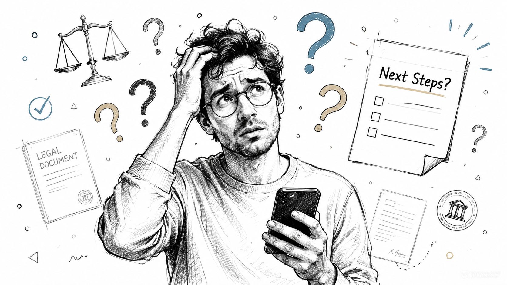 A confused man looking at his smartphone while surrounded by legal documents, a checklist, and question marks.
