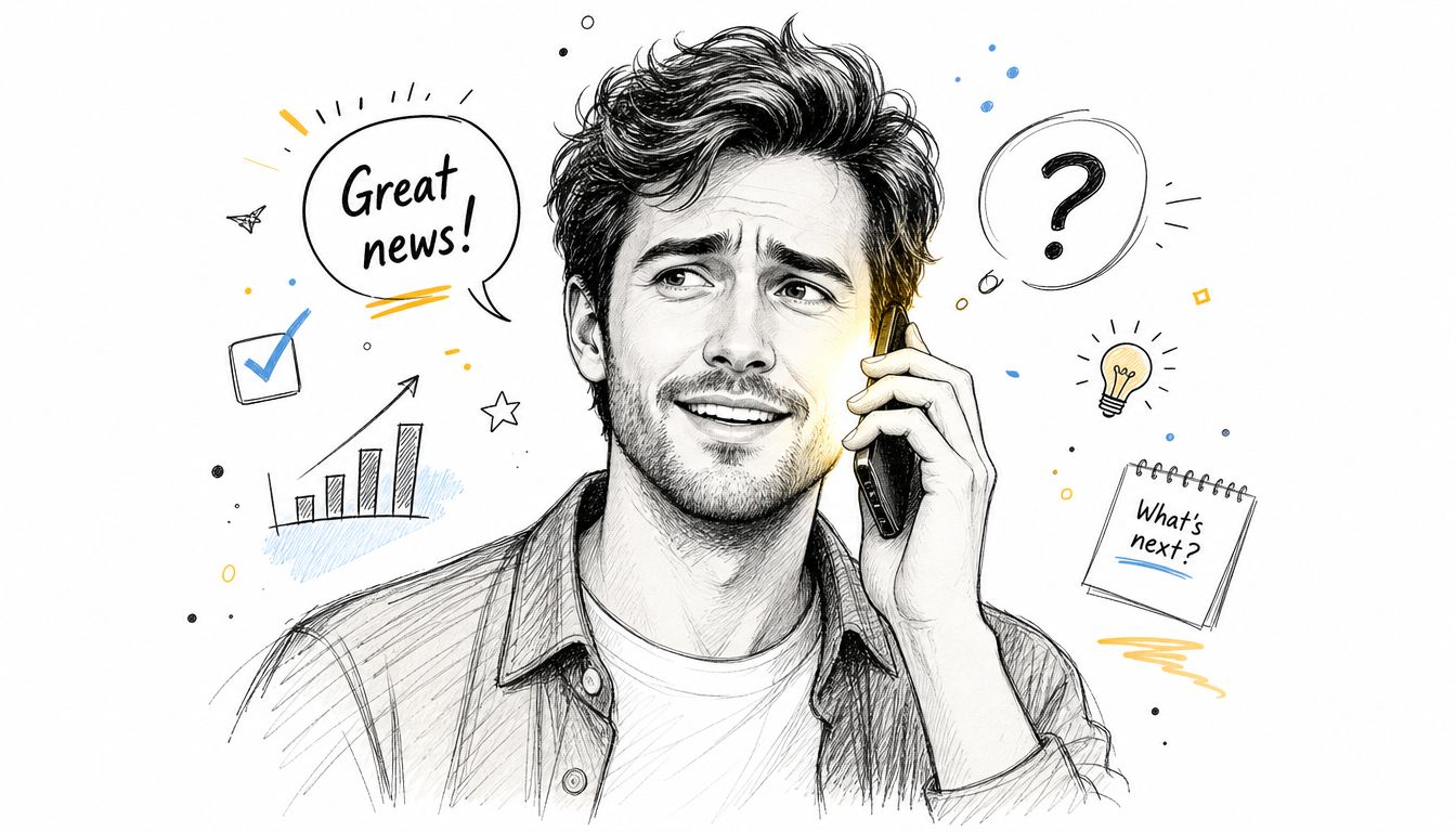 A pencil sketch of a man smiling while talking on a smartphone, surrounded by success-themed business icons.