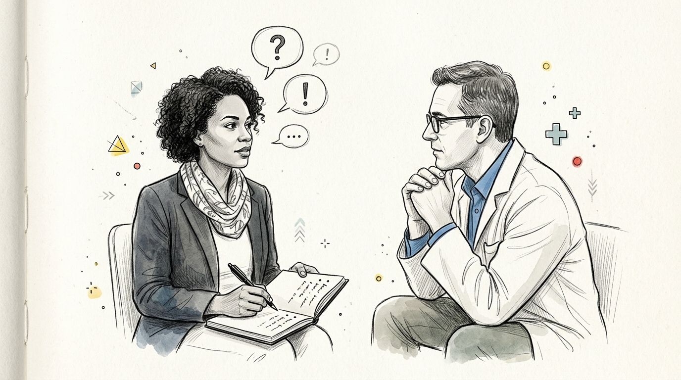 A professional doctor having a serious consultation with a female patient taking notes during an appointment.