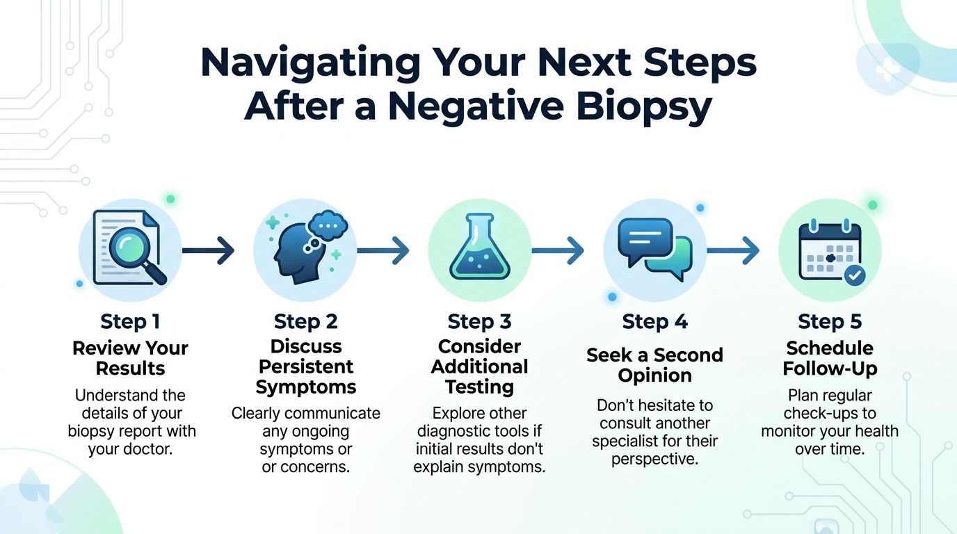 An infographic showing a five-step process for navigating next steps after receiving a negative biopsy report.