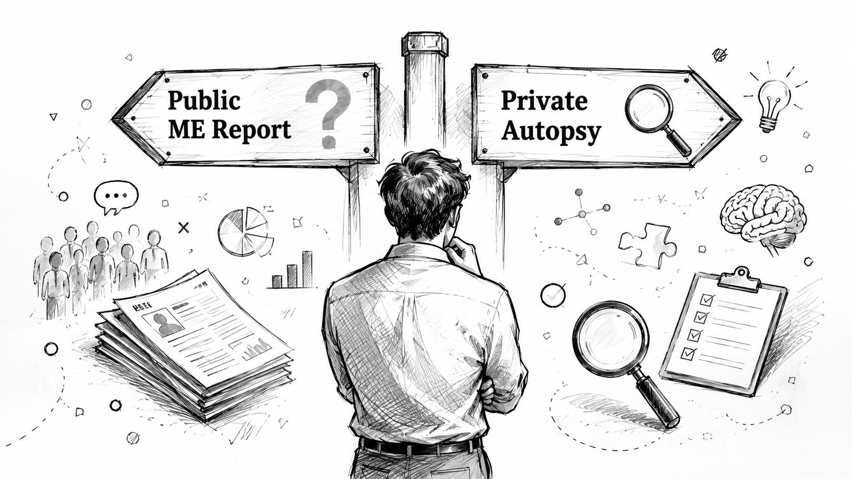 A person contemplating a choice between a public medical examiner report and a private autopsy service.
