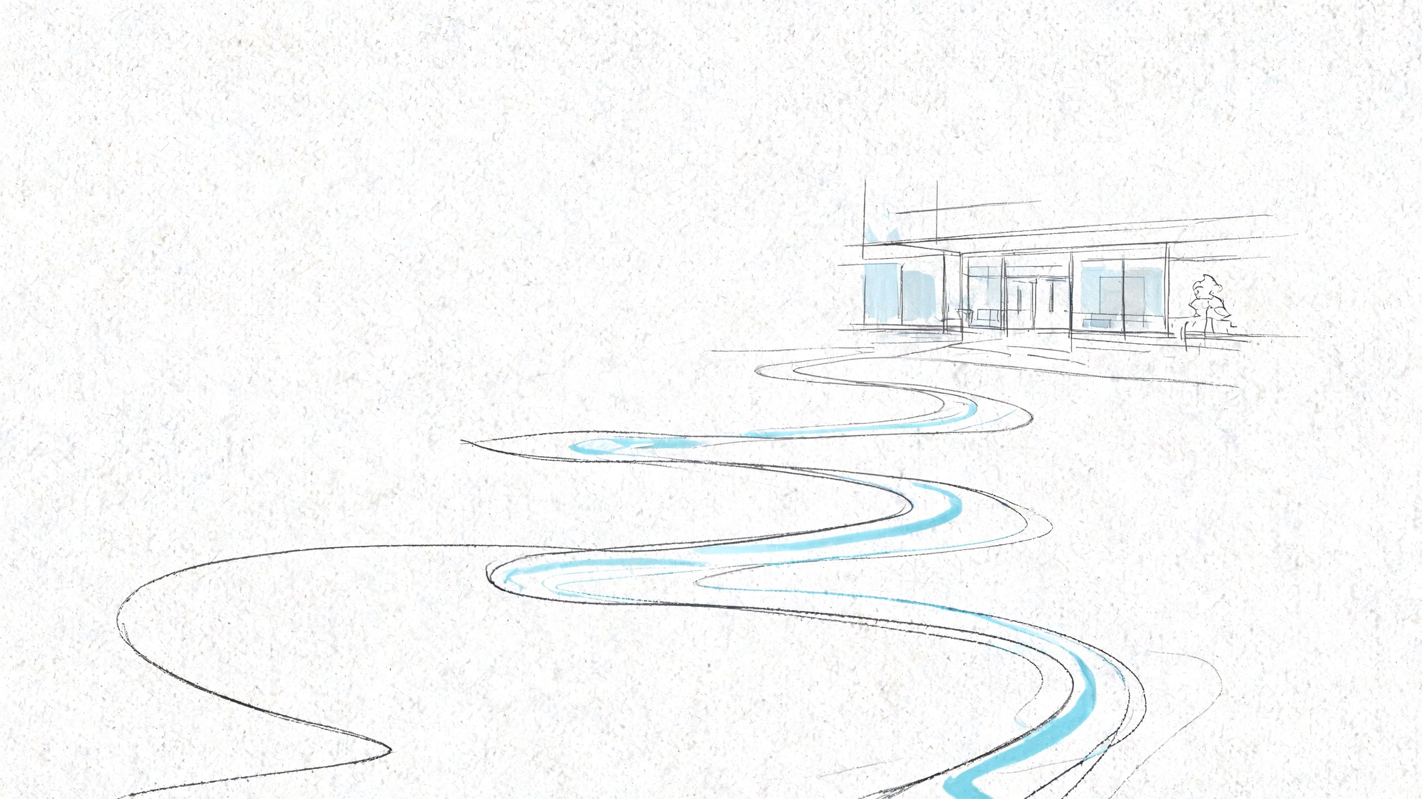 A minimalist pencil sketch showing a winding path leading to a modern building on textured paper.