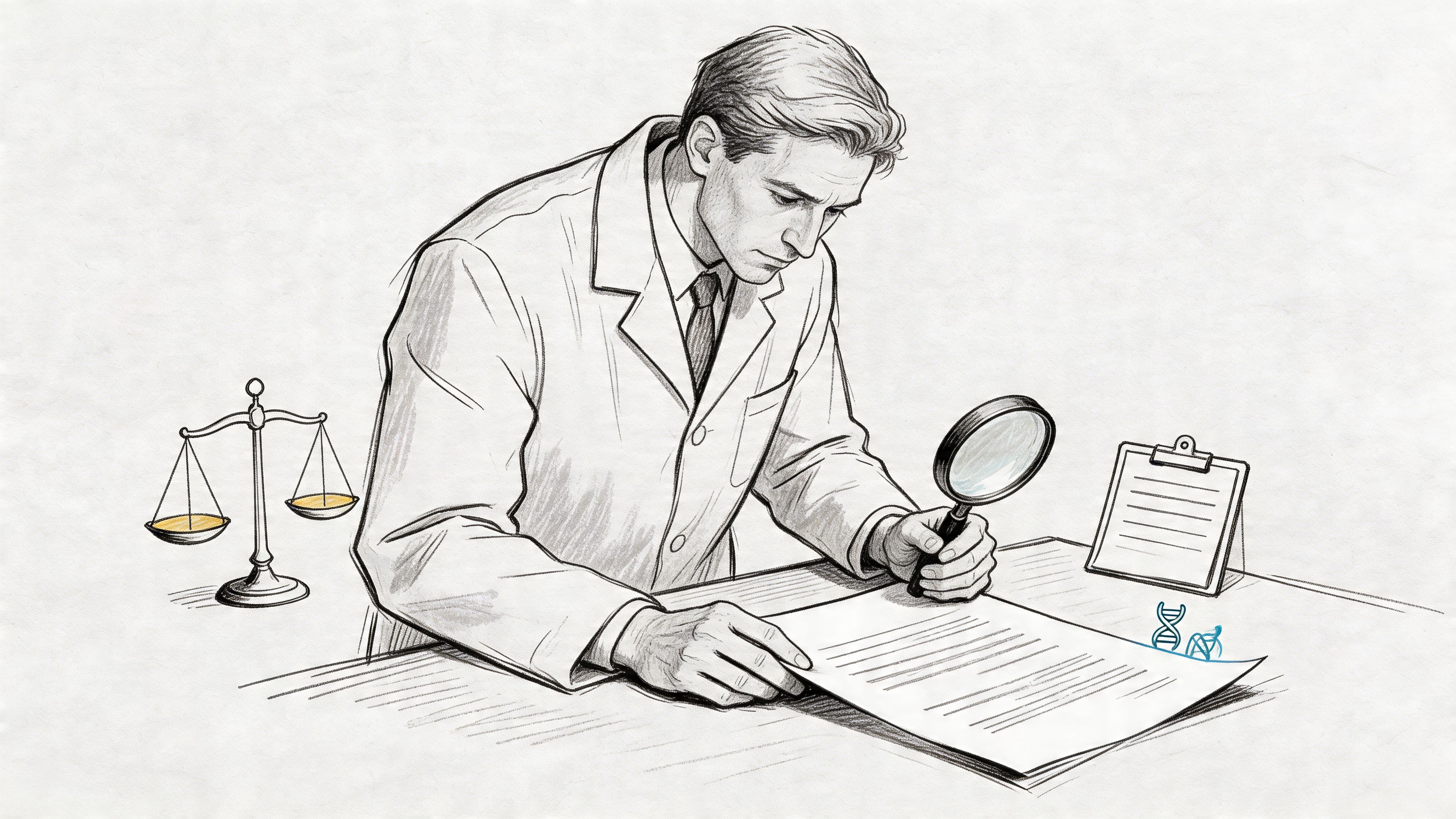 A professional doctor wearing a white coat examines documents using a magnifying glass at his desk.
