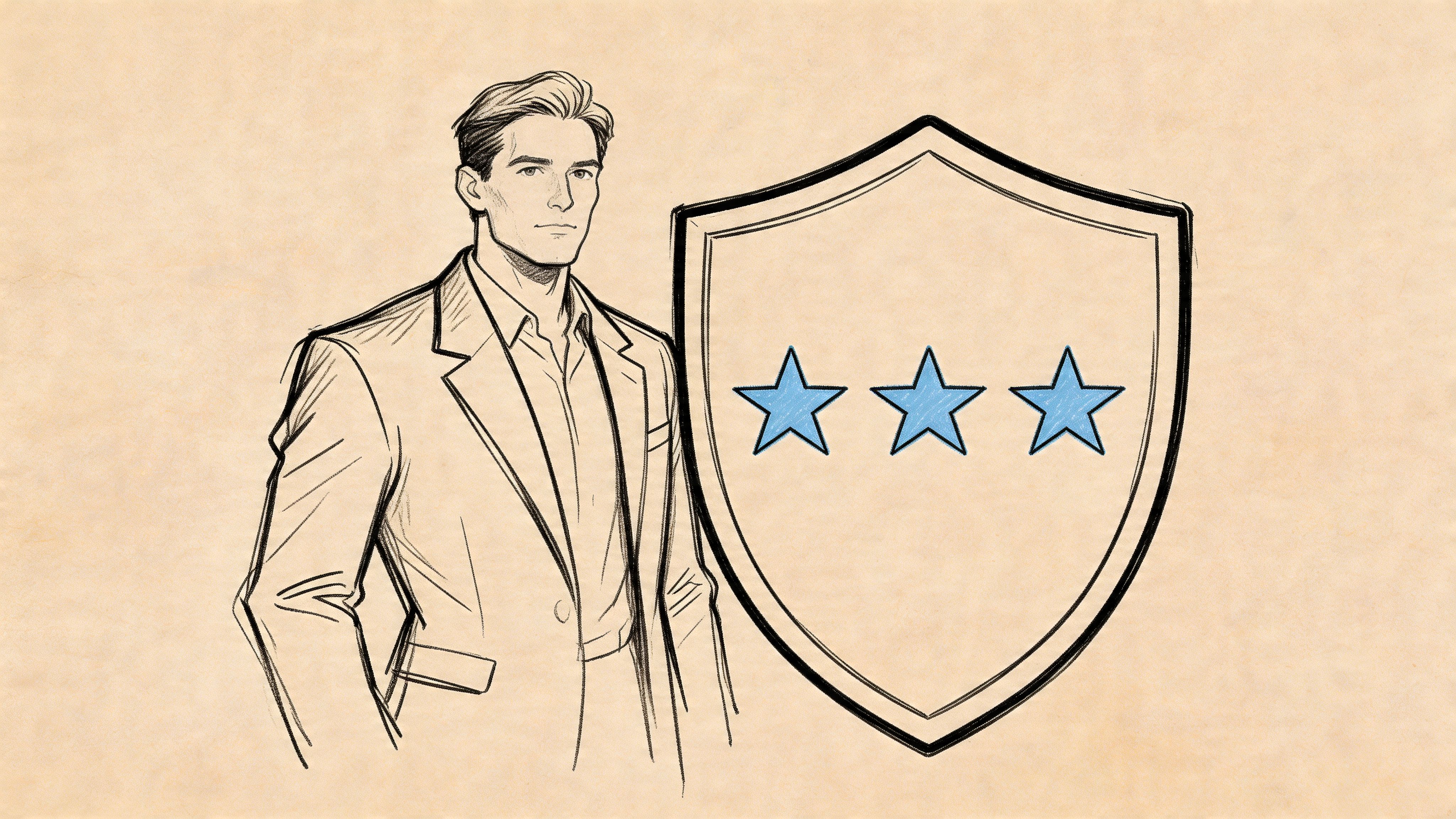 A professional man in a suit standing next to a large shield icon with three blue stars.