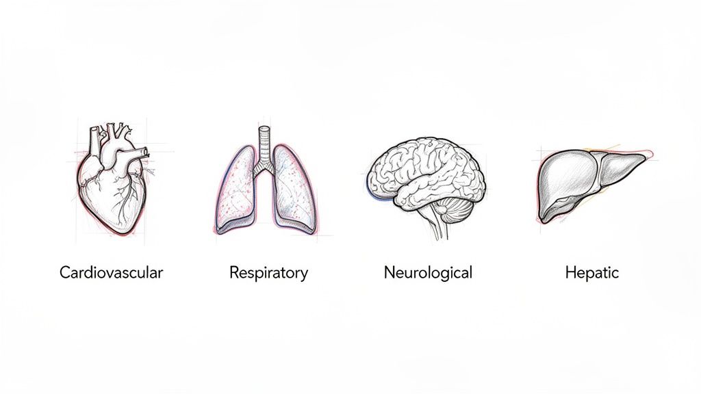 Illustrations of human organs: heart, lungs, brain, and liver, with their medical system labels.