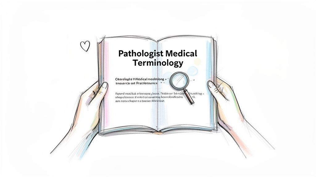 A drawing of hands holding an open book titled 'Pathologist Medical Terminology' with a magnifying glass.