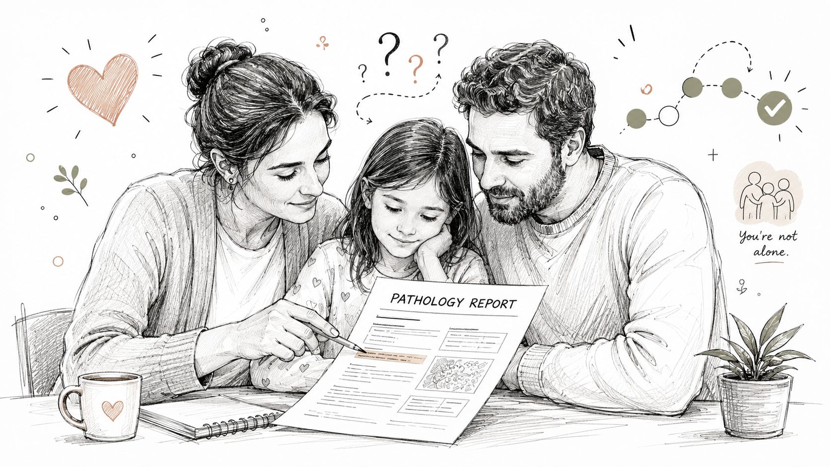 A caring mother and father reviewing a medical pathology report with their young daughter at home.