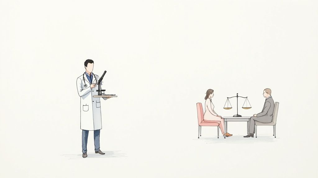 A doctor with a microscope stands opposite a man and woman discussing over a justice scale.