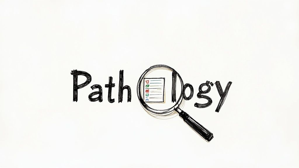 Close-up of a pathology report document with medical text and a doctor's signature.